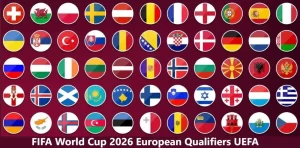 Mapa com as 54 seleções europeias que disputam as eliminatórias para a Copa do Mundo de 2026, destacando os grupos e as vagas em disputa.