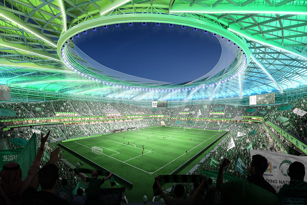 Estádio futurista de última geração na Arábia Saudita projetado para a Copa do Mundo de 2034, com design inovador e tecnologia sustentável
