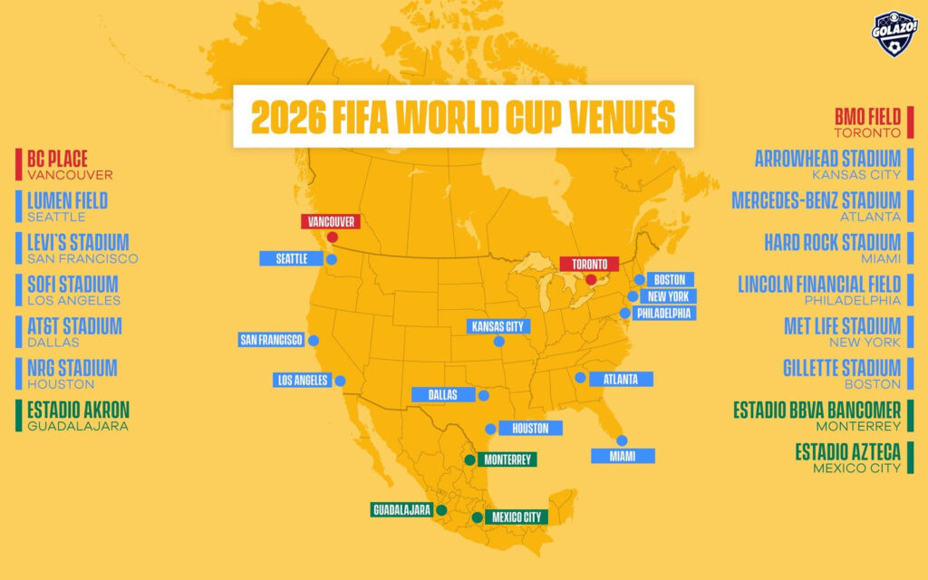 Mapa das cidades-sede da Copa do Mundo 2026 com 3 sedes no México, 2 no Canadá e 11 nos Estados Unidos, destacando a divisão geográfica.