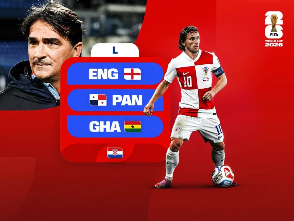 Jogadores da seleção da Croácia em campo durante partida contra Inglaterra, Panamá e Gana pelo Grupo L.